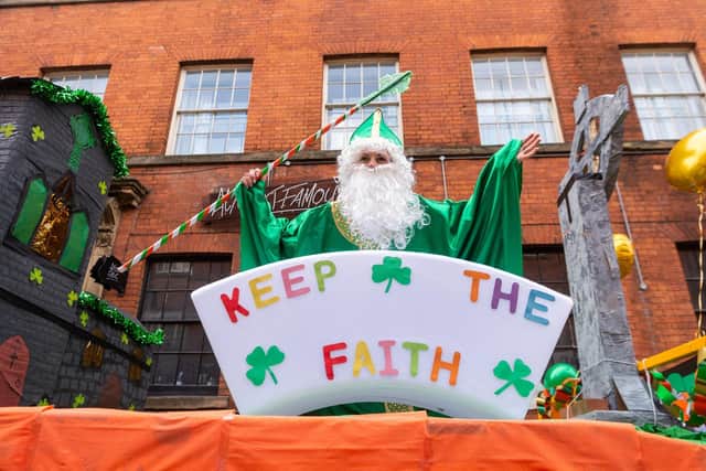 The Leeds St Patrick's Day Parade. Pictured Gemma Smith, on the float of Christ The King Primary School, Bramley. Photo: James Hardisty