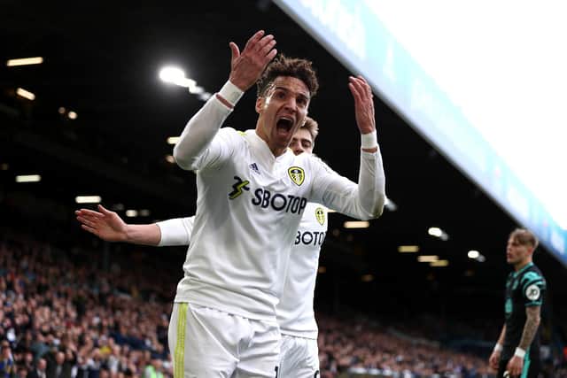 Leeds United striker Rodrigo opens the scoring for Leeds.
