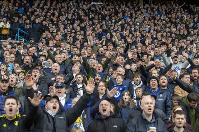 Leeds United fans sing Marching on Together ahead of kick off. Pic: Tony Johnson.