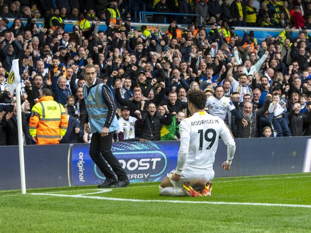 Rodrigo celebrates in front of the Elland Road crowd.