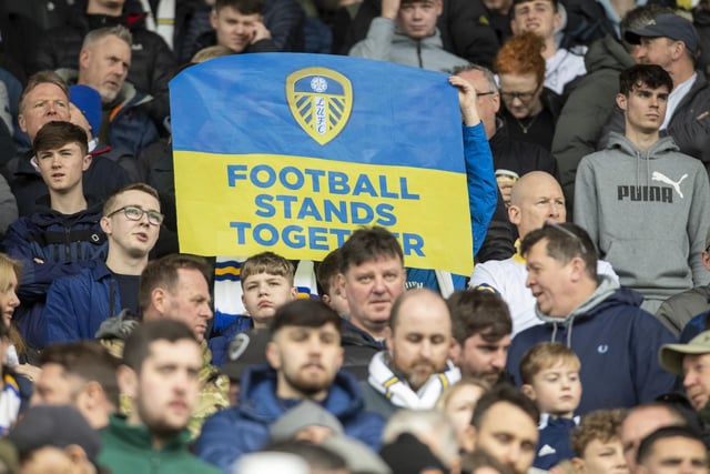 Leeds fans show their support for Ukraine.