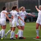 Laura Bartup (right) celebrates scoring with her Leeds United team-mates. Pic: LUFC.