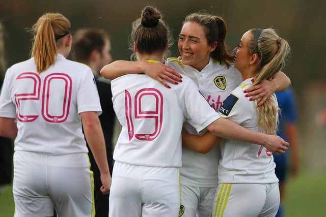 Leeds United women captain Catherine Hamill celebrates with her teammates. Pic: LUFC.