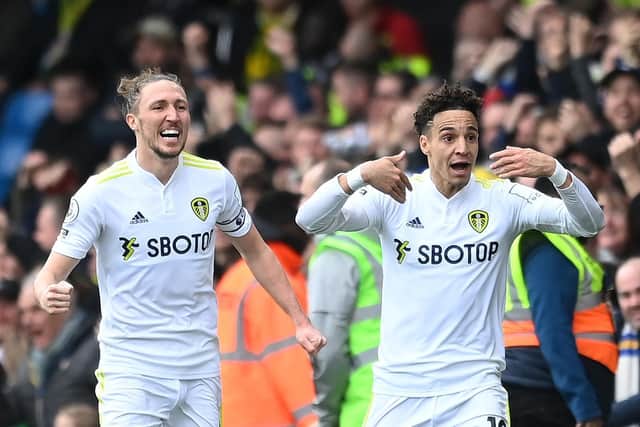 Rodrigo and Luke Ayling celebrate Leeds United's opening goal against Norwich City. Pic: Michael Regan.