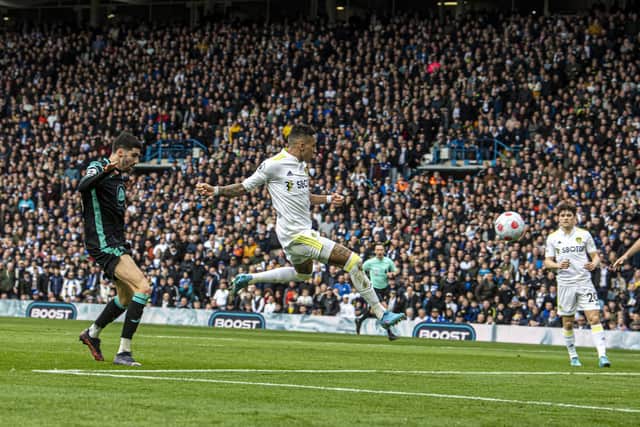MORE LIKE IT: Leeds United's Brazilian star winger Raphinha returned to form in Sunday's clash against Norwich City and was twice denied by the crossbar including when connecting to a Patrick Bamford cross with a placed volley, above. Picture Tony Johnson.