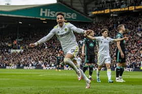 CONTENTIOUS: Rodrigo races off to celebrate Leeds United's opening goal against Norwich City at Elland Road, but Canaries midfielder Kenny McLean believes the strike should have been disallowed. Picture by Tony Johnson.