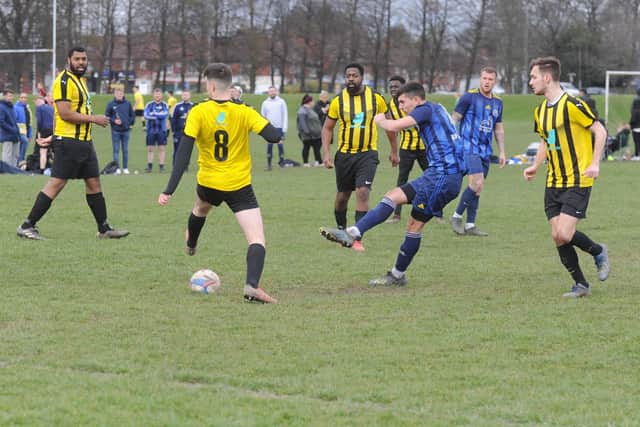 Robbie Clayton of Kippax Sundays shoots during the 4-1 Leeds Combination League Division 1 win over Beck & Call that took the hosts four points clear at the top of the table. Picture: Steve Riding.