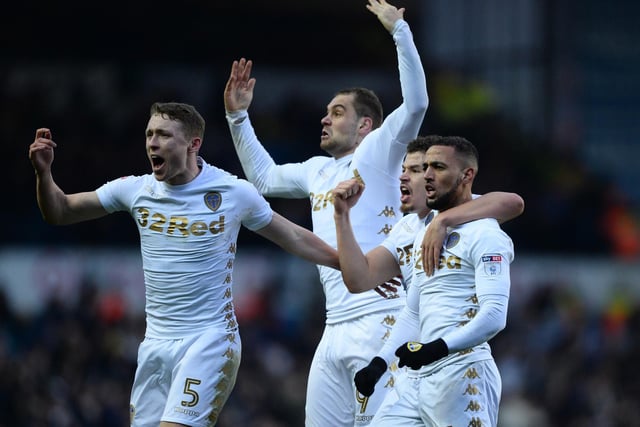 Kemar Roofe celebrates with his team mates after scoring during the Championship clash against Millwall at Elland Road in January 2018.