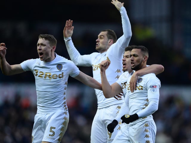 Kemar Roofe celebrates with his team mates after scoring during the Championship clash against Millwall at Elland Road in January 2018.