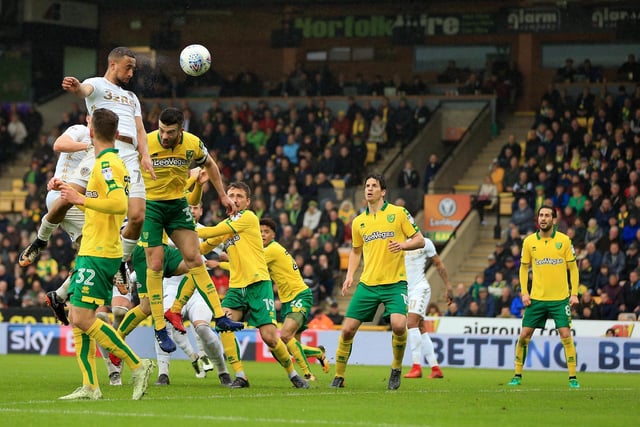 Kemar Roofe heads a shot at goal during the Championship clash against Norwich City at Carrow Road in April 2018.