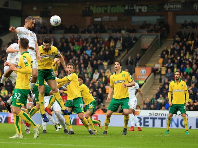 Kemar Roofe heads a shot at goal during the Championship clash against Norwich City at Carrow Road in April 2018.