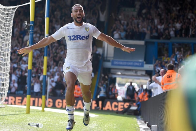 Kemar Roofe celebrates scoring Leeds United's second goal during the Championship clash against Rotherham United at Elland Road in August 2018.