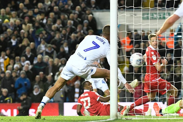 Kemar Roofe scores the equalising goal against Nottingham Forest during the Championship clash at Elland Road in October 2018.