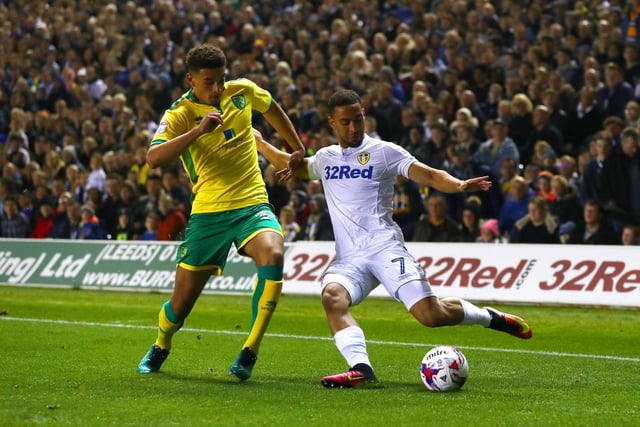 Kemar Roofe crosses the ball while under pressure from Norwich City's Ben Godfrey during the EFL Cup fourth round clash at Elland Road in October 2016.