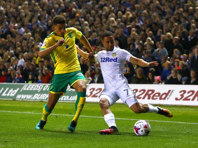 Kemar Roofe crosses the ball while under pressure from Norwich City's Ben Godfrey during the EFL Cup fourth round clash at Elland Road in October 2016.
