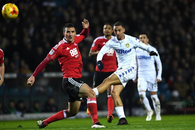 Kemar Roofe shoots past Nottingham  Forest's Jack Hobbs during the Championship clash at Elland Road in January 2017.
