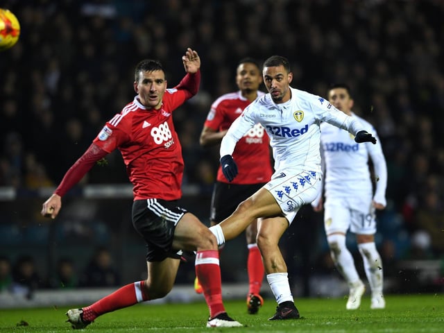 Kemar Roofe shoots past Nottingham Forest's Jack Hobbs during the Championship clash at Elland Road in January 2017.