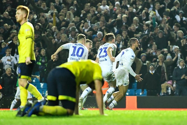 Kemar Roofe celebrates scoring the winning goal against Blackburn Rovers during the Championship clash at Elland Road on December 2018.