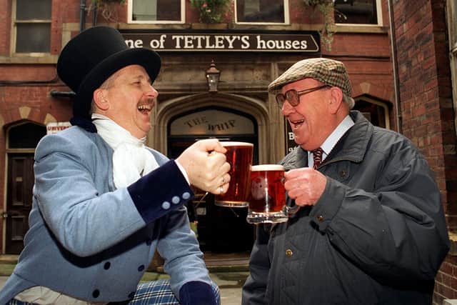 November 1996 and The Whip celebrates 100 years since Joshua Tetley bought the pub. Pictured, from left, is actor Geoffrey Pye as Joshua Tetley and regular Jack Thirkell, 81, who had been visiting the pub from the aged of 20. PIC: James Hardisty