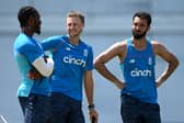 YOU'RE IN: England captain Joe Root chats with Jofra Archer and Saqib Mahmood, right, during a nets session. Picture: Gareth Copley/Getty Images