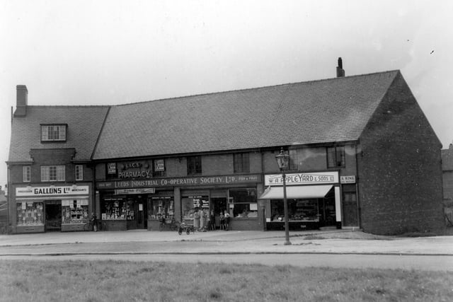 The shopping precinct at Middleton Park Circus in November 1933. The retail premises visible are, from left, A King, coal merchant; WA Appleyard and Sons, Confectioners; Leeds Industrial Co-operative Society General Store and Gallons Ltd, grocers.