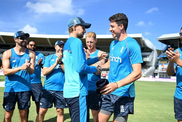 Yorkshire's Matthew Fisher of England is presented with his test cap by captain Joe Root ahead of day one of the 2nd test match between West Indies and England at Kensington Oval. Picture: Getty Images