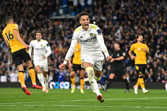 Rodrigo celebrates his equaliser from the spot in Leeds United's reverse fixture with Wolves at Elland Road earlier in the season. Picture: Bruce Rollinson.