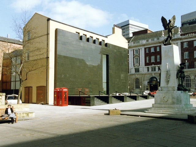 The Henry Moore Institute for the study, display and research of sculpture, was opened in April 1993. On the right is the War Memorial and originally stood in City Square. Behind this is Cookridge Street, and Permanent House, the headquarters of the Leeds Permanent Building Society, now part of The Light leisure complex.