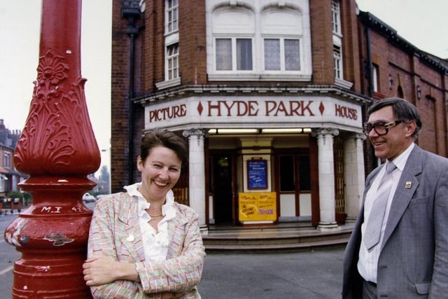 Manager Liz Rymer  and former owner Geoff Thompson outside The Hyde Park Picture House on Brudenell Road in June 1993.