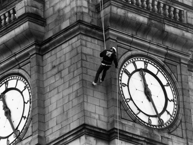 This is Simon Young who abseiled down Leeds Town Hall's clock tower in November 1993 to raise public awareness of local youth activity.