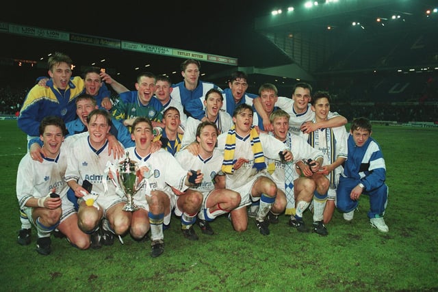 A triumphant Leeds United celebrate winning the FA Youth Cup against Manchester United. They won the second leg at Elland Road 2-1 to win 4-1 on aggregate.
