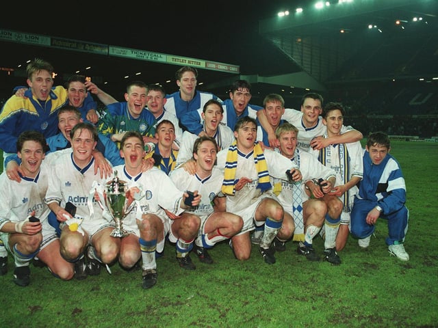 A triumphant Leeds United celebrate winning the FA Youth Cup against Manchester United. They won the second leg at Elland Road 2-1 to win 4-1 on aggregate.