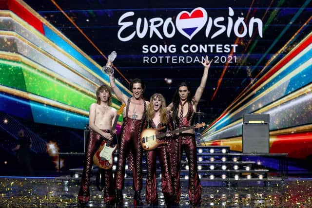 (L-R) Thomas Raggi, Damiano David, Victoria De Angelis and Ethan Torchio of Måneskin from Italy react on stage to winning for the song “Zitti e buoni” (Shut Up And Be Quiet) during the 65th Eurovision Song Contest grand final held at Rotterdam Ahoy on May 22, 2021 in Rotterdam, Netherlands. Photo: Getty
