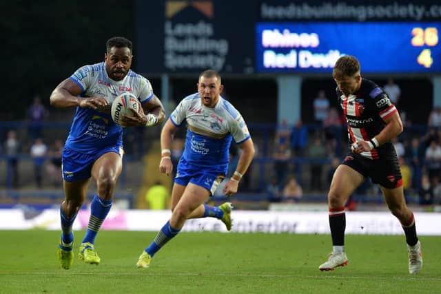 King Vuniyayawa on his way to scoring for Rhinos against Salford last season. He will be on the other side this week. Picture by Jonathan Gawthorpe.