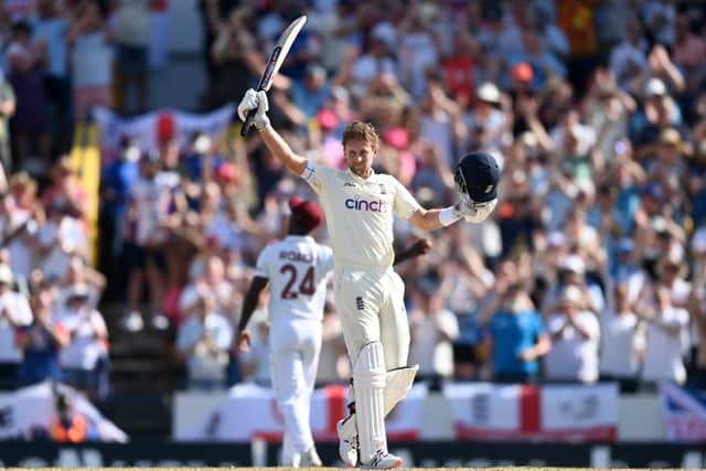 England captain Joe Root celebrates reaching his century. (Photo by Gareth Copley/Getty Images)