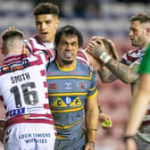 Castleford's Mahe Fonua reacts to being yellow carded at Wigan on Thursday. Picture: Allan McKenzie/SWpix.com.