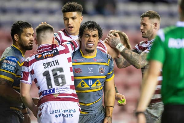 Castleford's Mahe Fonua reacts to being yellow carded at Wigan on Thursday. Picture: Allan McKenzie/SWpix.com.