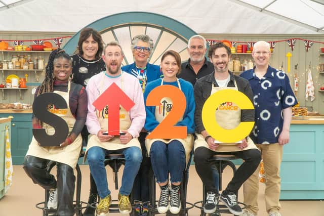 ictured: The celebrities who star in episode one (L-R) Clara Amfo, Noel Fielding, Alex Horne, Prue Leith, Emma Willis, Paul Hollywood, Blake Harrison and Matt Lucas.