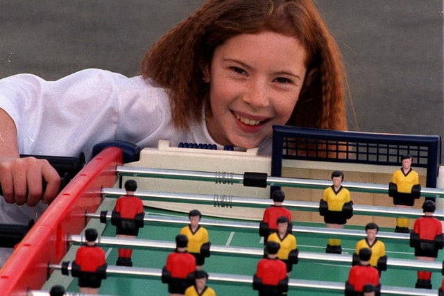 Table football champion Ashleigh Sharp pictured on the ball at Lawns Park Primary in March 1998.