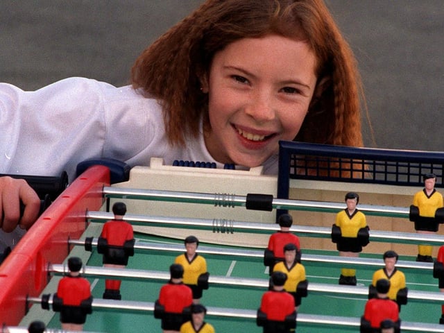Table football champion Ashleigh Sharp pictured on the ball at Lawns Park Primary in March 1998.