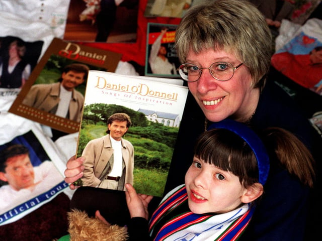 This is Daniel O'Donnell super fan Lorraine Holmes from Farnley and daughter Jenna with some of their memorabilia. They are pictured in April 1998.
