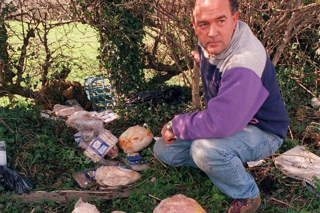 This is Nick Goodwin pictured with rotting meat dumped next to his stables in New Farnley in March 1999 which council chiefs will not remove.