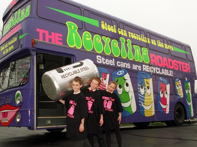 The Recycling Roadster stopped off at Lawns Park Primary in November 1995. Pictured, from left, is Steven McMillan, Gary Owen and Charlene Hayward.