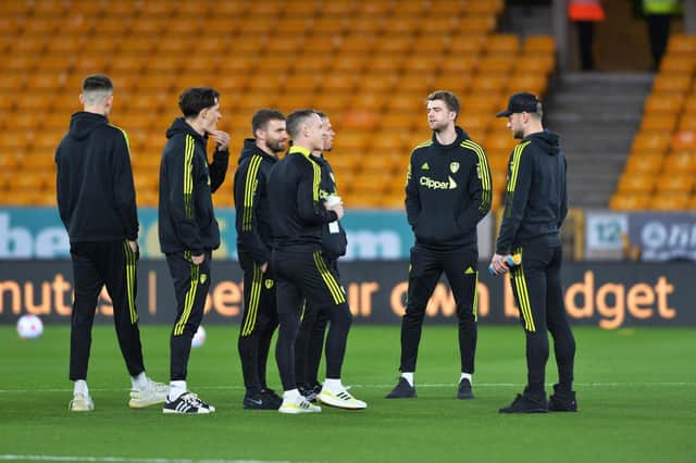 Leeds United players take in the surroundings ahead of kick off at Molineux. Pic: Bruce Rollinson