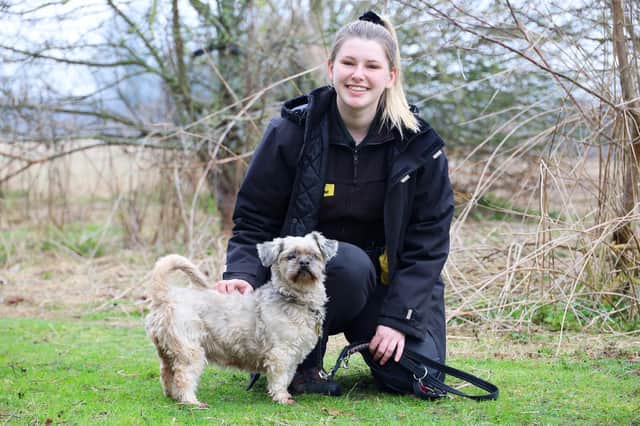 Canine Carer Sophie Bedford with 10 year old Lhasa Apso Mitzy, who is looking for her forever home at Dogs Trust Leeds.