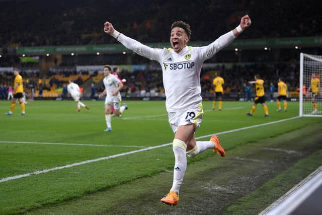 Rodrigo celebrates equalising for Leeds United. Pic: Laurence Griffiths.