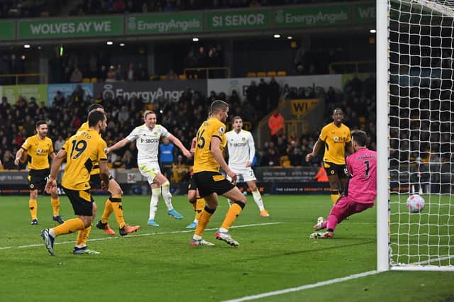WINNING STRIKE: Luke Ayling slams home Leeds United's third goal of the night in the 91st minute of Friday evening's clash at Molineux to seal a truly incredible victory for Jesse Marsch's side. Picture by Bruce Rollinson.