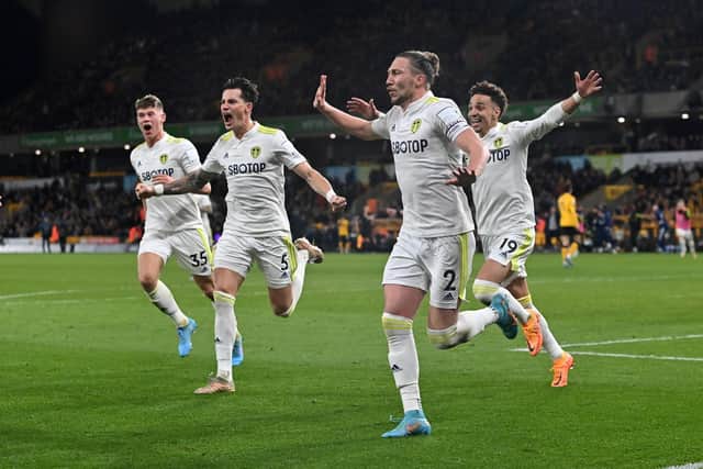 LEADER'S GOAL - Luke Ayling scored a dramatic late winner for Leeds United against 10-man Wolves at Molineux. Pic: Bruce Rollinson