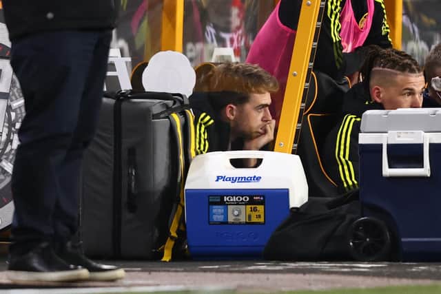 Patrick Bamford on the bench during Leeds United's 3-2 victory over Wolves. Pic: Laurence Griffiths.