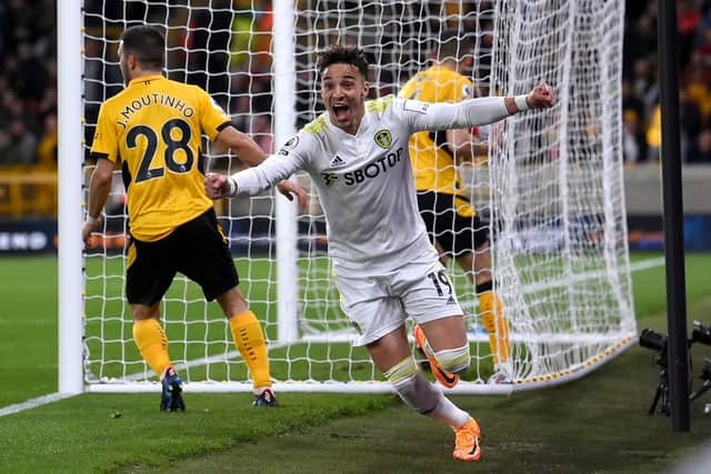 Rodrigo celebrates equalising for Leeds United in the Whites' 3-2 win over Wolves. Pic: Laurence Griffiths.